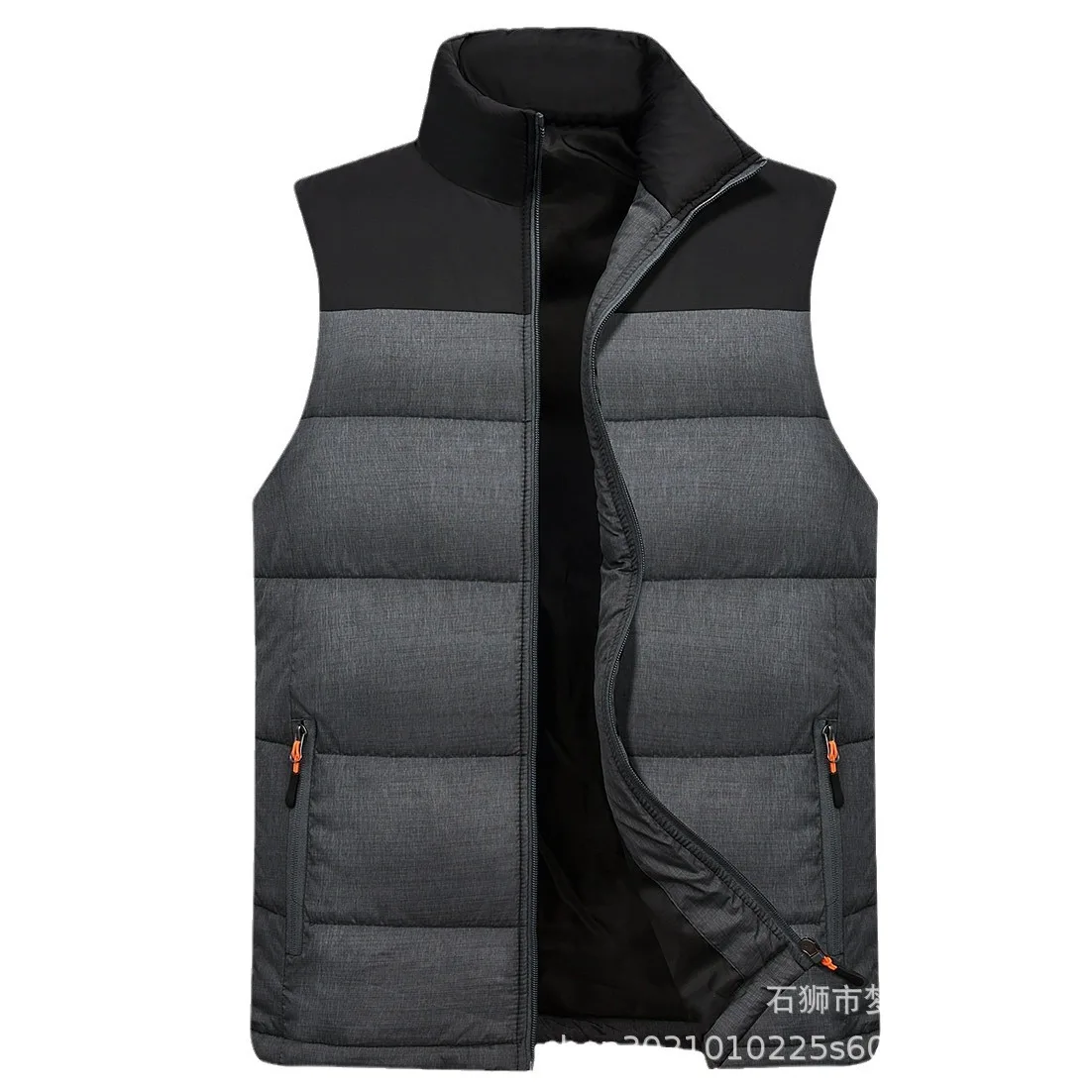Cross-Border Men's Autumn/Winter Down Cotton Warm Vest Color Block Stand Collar Motorcycle Rider Jacket Thickened Shoulder Vest
