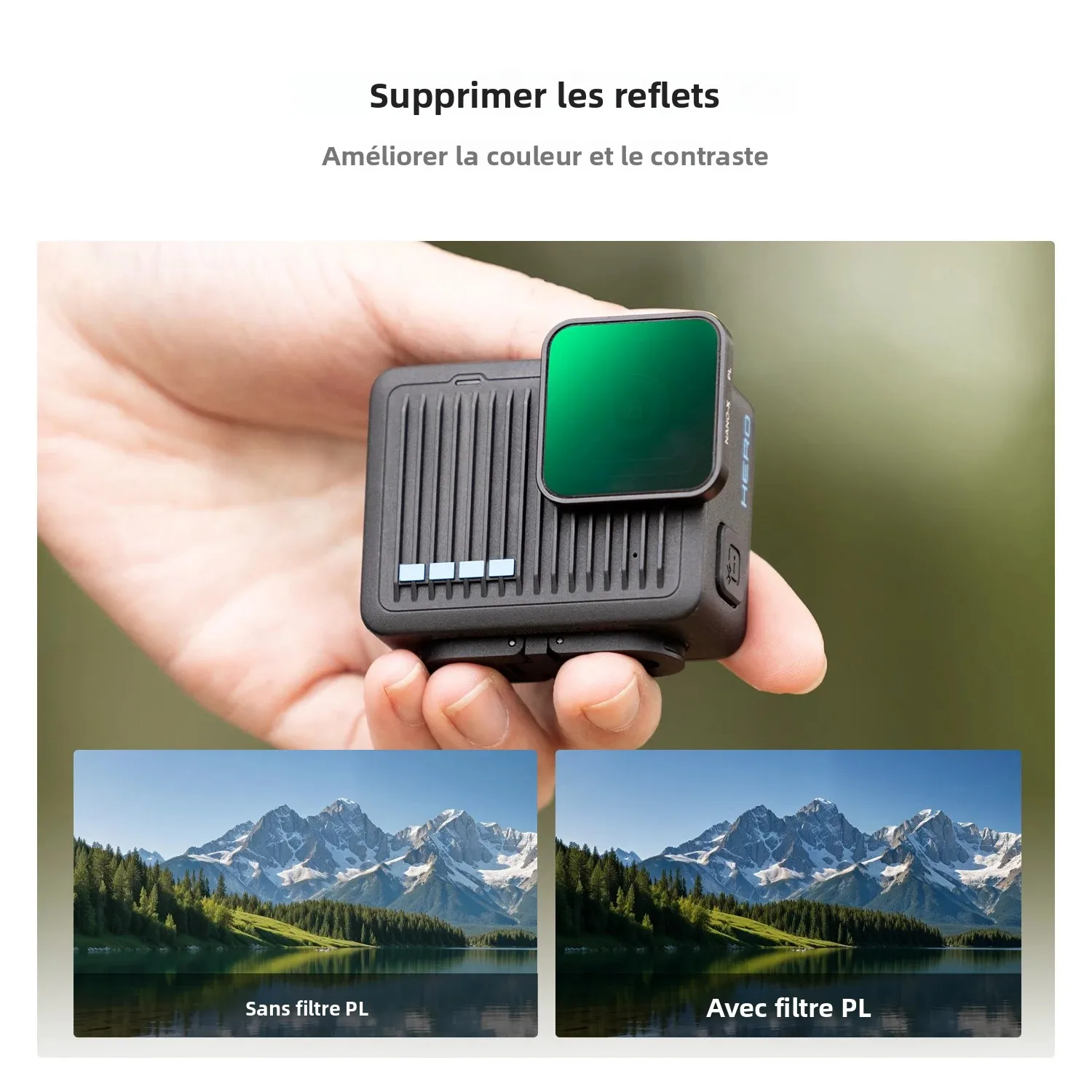 Filtres polarisants HD pour GoPro Hero 13, 12, 11, 10 et 9, empilés avec reflets lumineux.