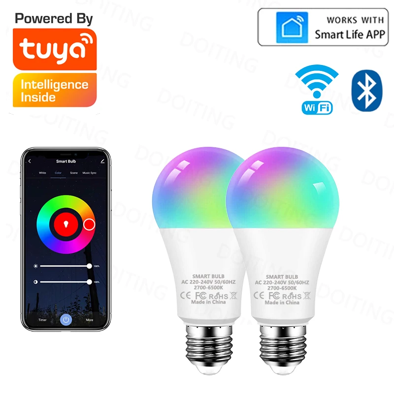 와이파이 블루투스 투야 알렉사 E27 RGB 스마트 전구, 구글 어시스턴트용 스마트 램프, 스마트 라이프 분위기 장식, 15W, 220V