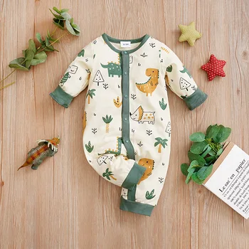 Spring and Autumn Season Boys and Girls Cute Dinosaur Print Comfortable Casual Long Sleeve Cotton Baby Bodysuit 1