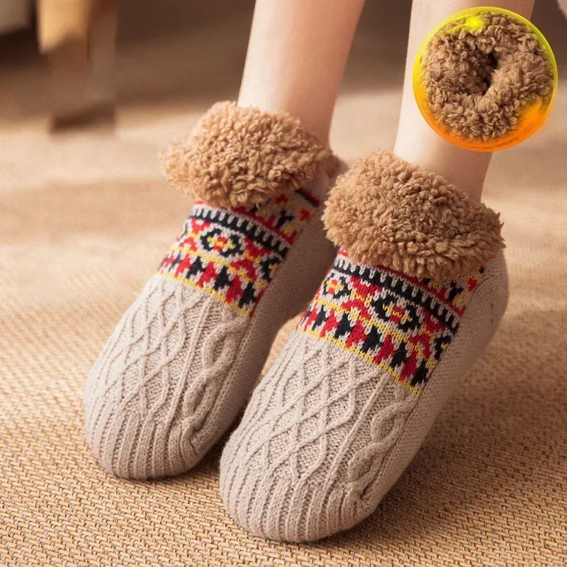 Men's Winter Indoor Home Slippers Socks Women’s Floor Socks Knitted Adult Plus Fleece Carpet Sock Bedroom Sleeping Sock Non-slip