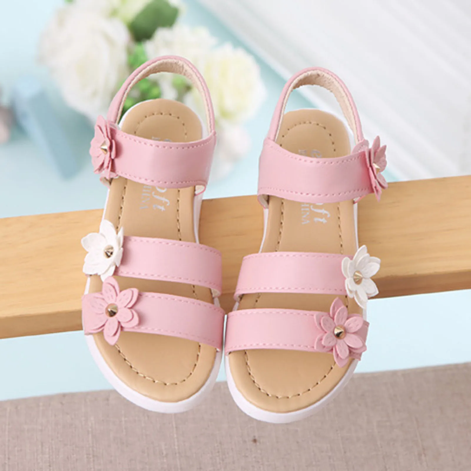 Sandales roses en caoutchouc coordonnantes pour filles, chaussures de princesse à fleurs, douces, croisées, été