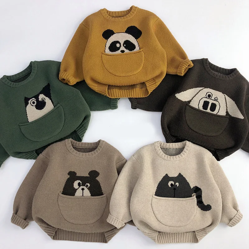 

2023 Fall Winter Cartoon Pocket Kids Sweaters Korean Top Clothes for Children Loose Fit Fashion Boys Girls Pullover Knit Top