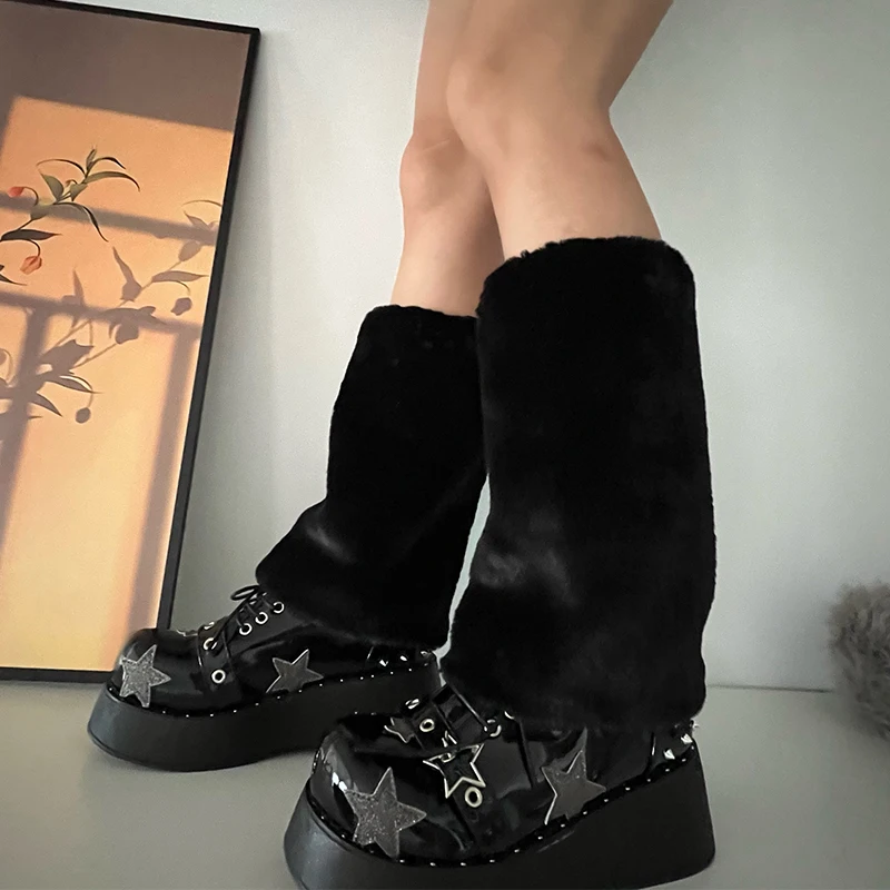 Haruku Y2k Moda Ragazze Finta Pelliccia di Coniglio Scaldamuscoli Donna Goth Punk Rave Cyber ​​Fluffies Costume Leggings Copristivali_voghion.com