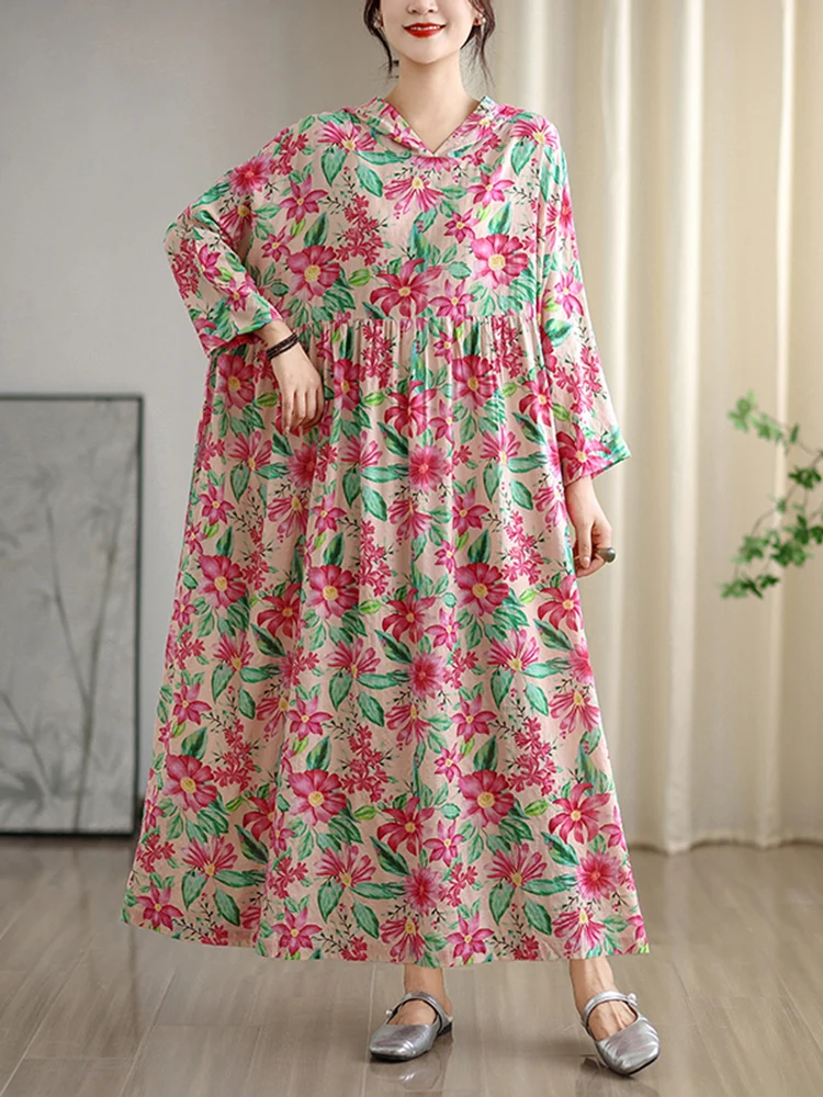 2025 Autumn New Long Sleeve Hooded Floral Print Vintage Long Dresses For Women Casual Loose Elegant Dress Femme Robe Clothing