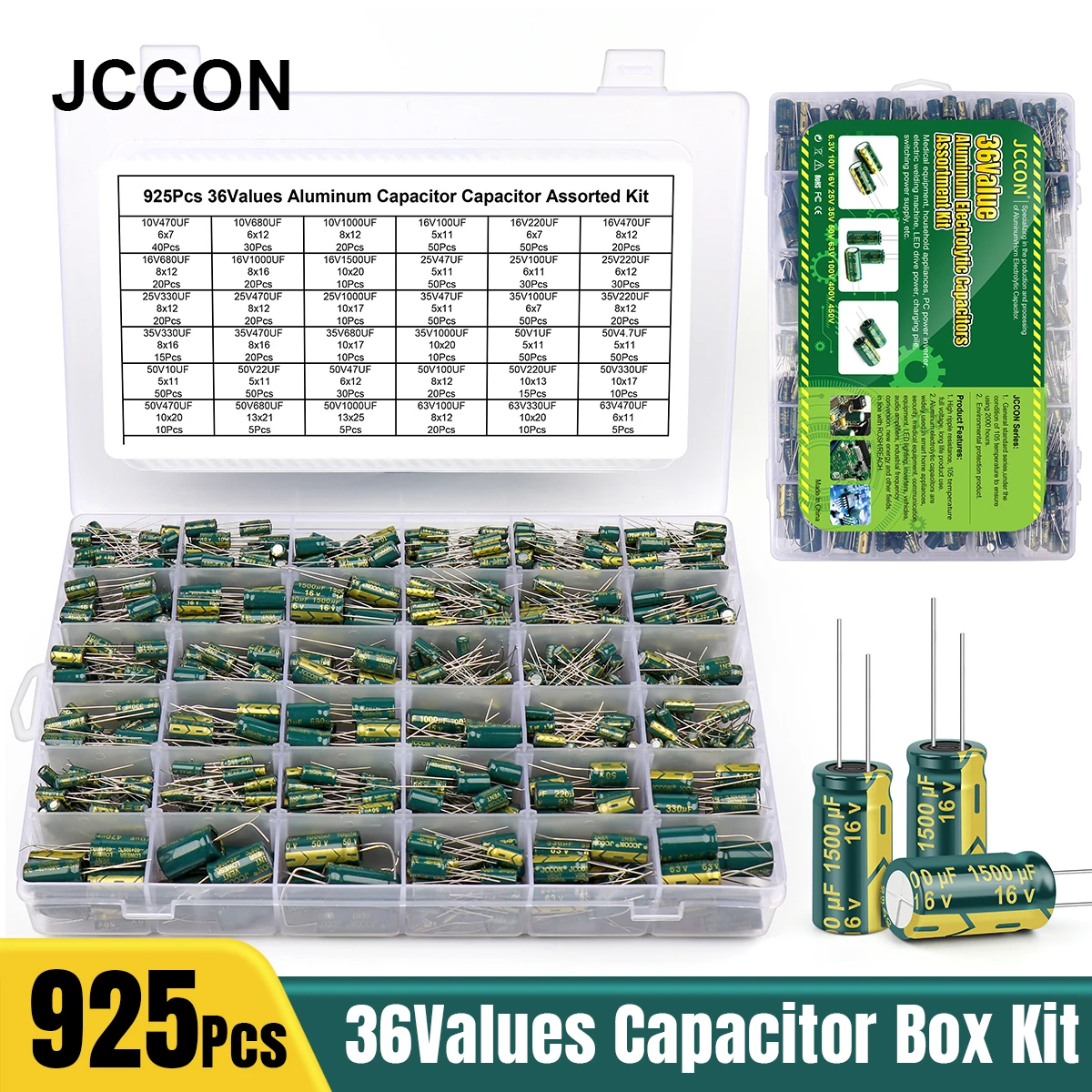 JCCON 925Pcs 36Values Aluminum Electrolytic Capacitor Assortment Kit Low ESR 1uF 4.7uF 10uF 22uF 47uF 100uF 220uF 330uF 470uF 30pcs 100v 10uf aluminum electrolytic capacitor 10uf 100v 6 11mm new electrolytic capacitor size：6x11