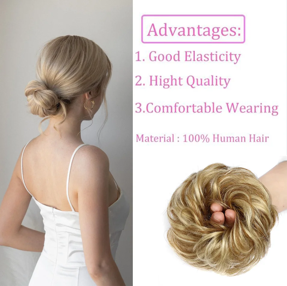Human Hair Extensions 100% Human Hair Bun Extensions Messy Curly Elastic Hair Scrunchies Hairpieces Natural Wavy Curly Bun Pieces for Women