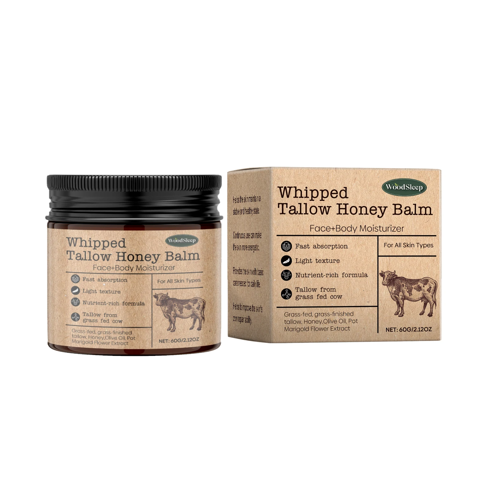 WoodSleep ​Beef Tallow Paste Deeply Moisturizer Brightening Wrinkle Remover Grass Fed Tallow Wild Honey Face Body Cream Skin Car