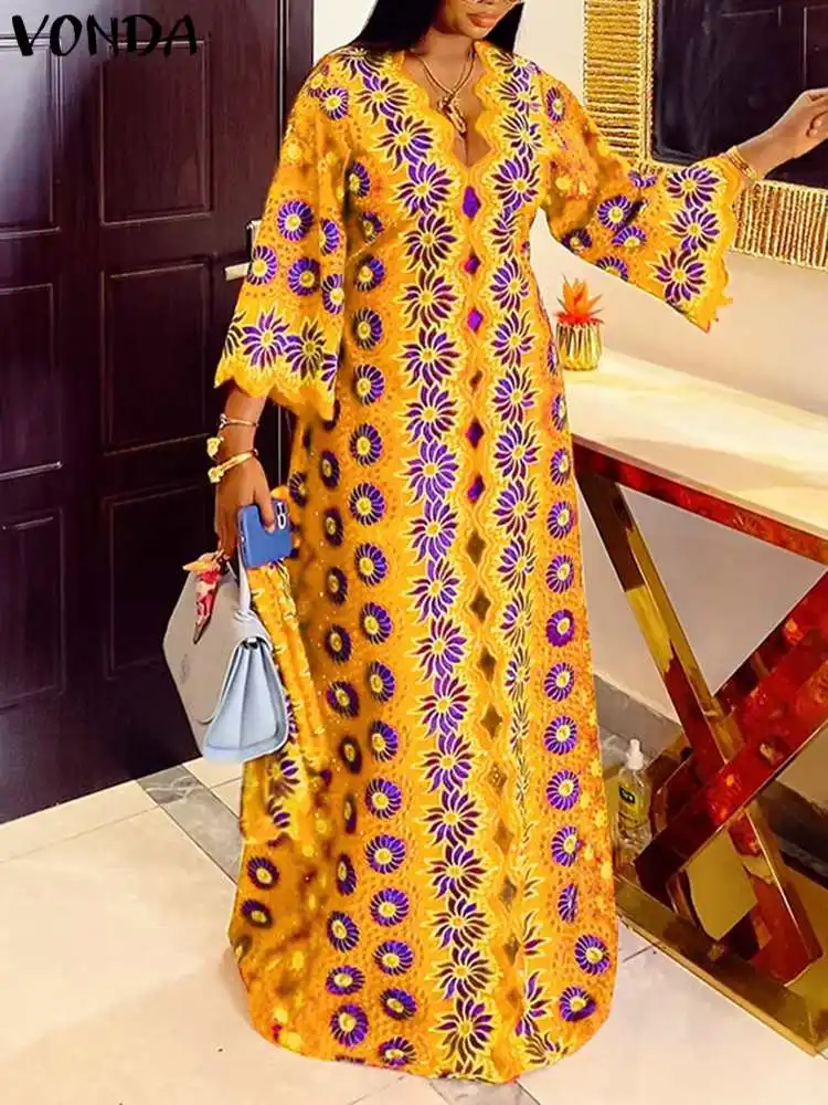 

Women Maxi Long Dress 2024 VONDA Vintage Printed Party Dress Sexy V Neck Bohemian Beach Sundress Fashion Fare Sleeve Vestidos