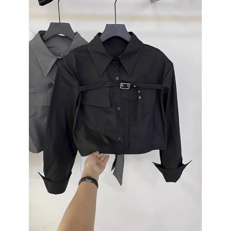 QWEEK Black Cropped Shirts Women Korean Streetwear Blouse Punk Gothic Harajuku Long Sleeve Top Fashion Spring 2024 New Aesthetic
