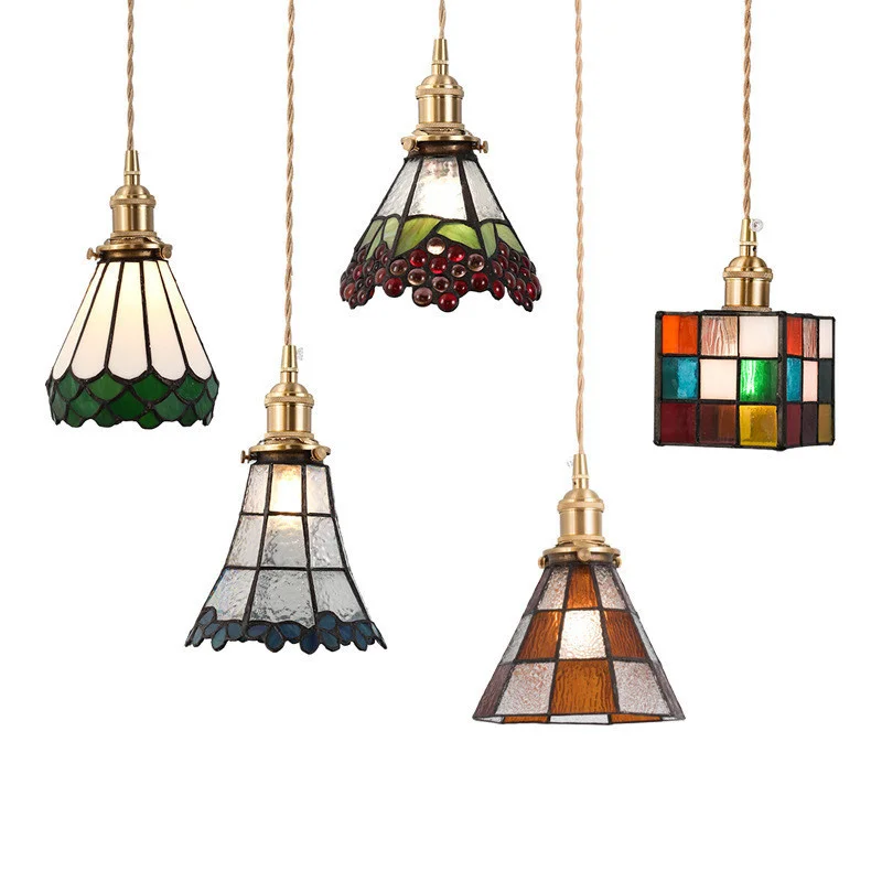 

Nordic Stylish Single Pendant Light Colorful Stained Glass Copper Hanging Lamp Bedroom Living Room Bar Cafe Restaurant Lighting