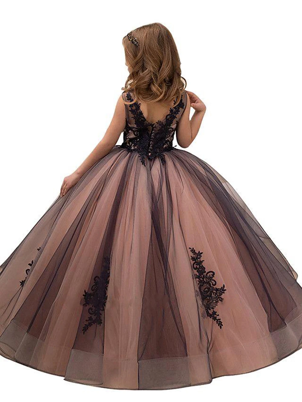 Flower Girl Dresses Black Lace Flower Girl Dresses For Party Elegant Sleeveless Tulle V Neck Girls Pageant Princess Birthday Dress
