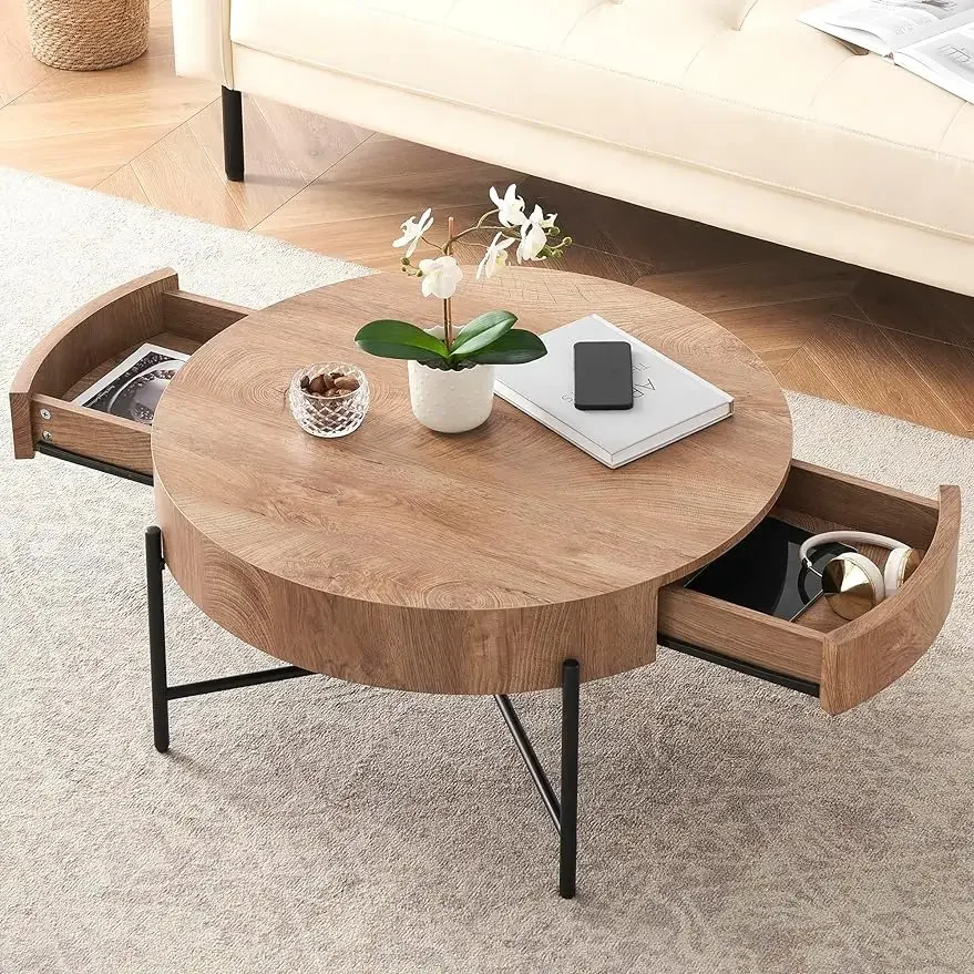 Coffee table Round wood center table with two drawers For living room