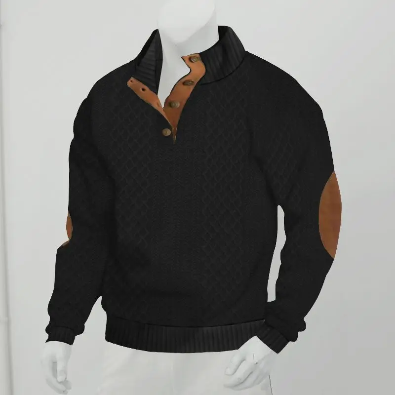 Men's Waffle Knit Quarter Zip Pullover with Contrast Trim and Elbow Patches Casual Long Sleeve Sweater