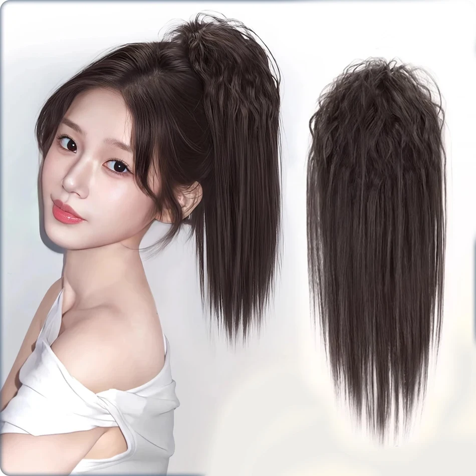 Short Straight Synthetic Claw Clip Ponytail Hair Extension With Root Volume Perm Layered Ponytail Wig With Grab Clip For Women