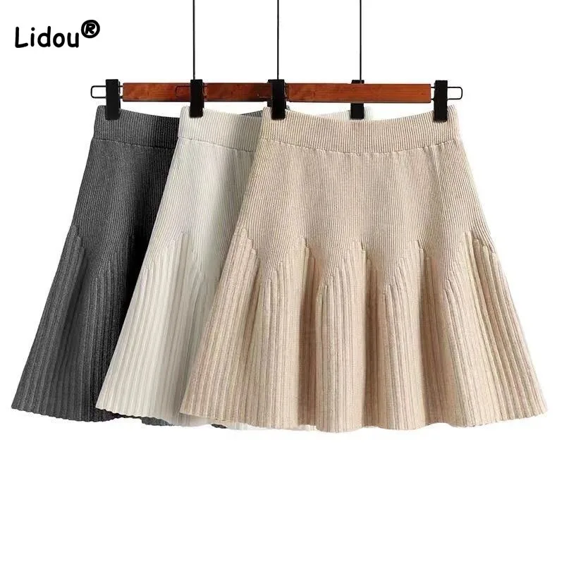 Korean Fashion Solid Color Pleated Knitted Skirt 2023 Autumn Winter Simplicity Elastic High Waist Mini Skirts Women's Clothing 2023 famous brand men genuine leather belts high quality belts for men luxury business fashion simplicity work jeans dress belt