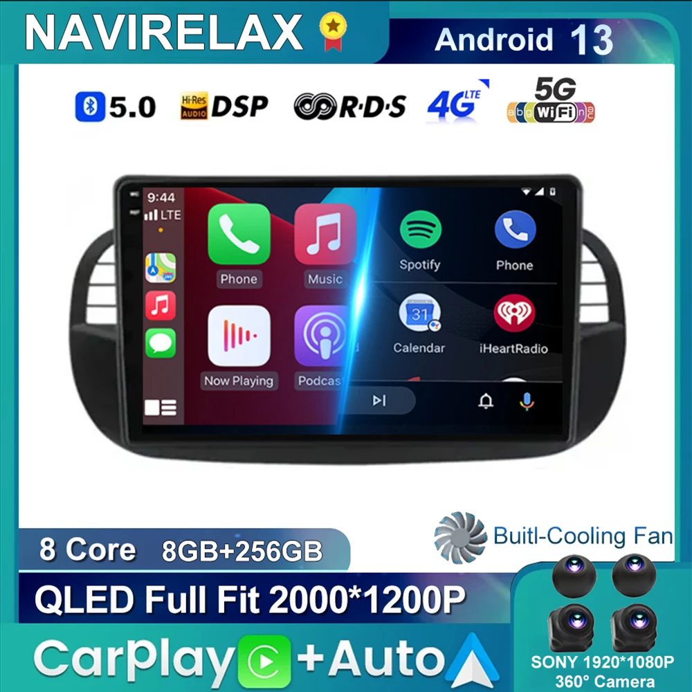 Android 13 Video Multimediale Per Fiat 500 2007-2015 Lettore Stereo Radio Dsp Monitor Touch Screen Carplay Auto 2Din
