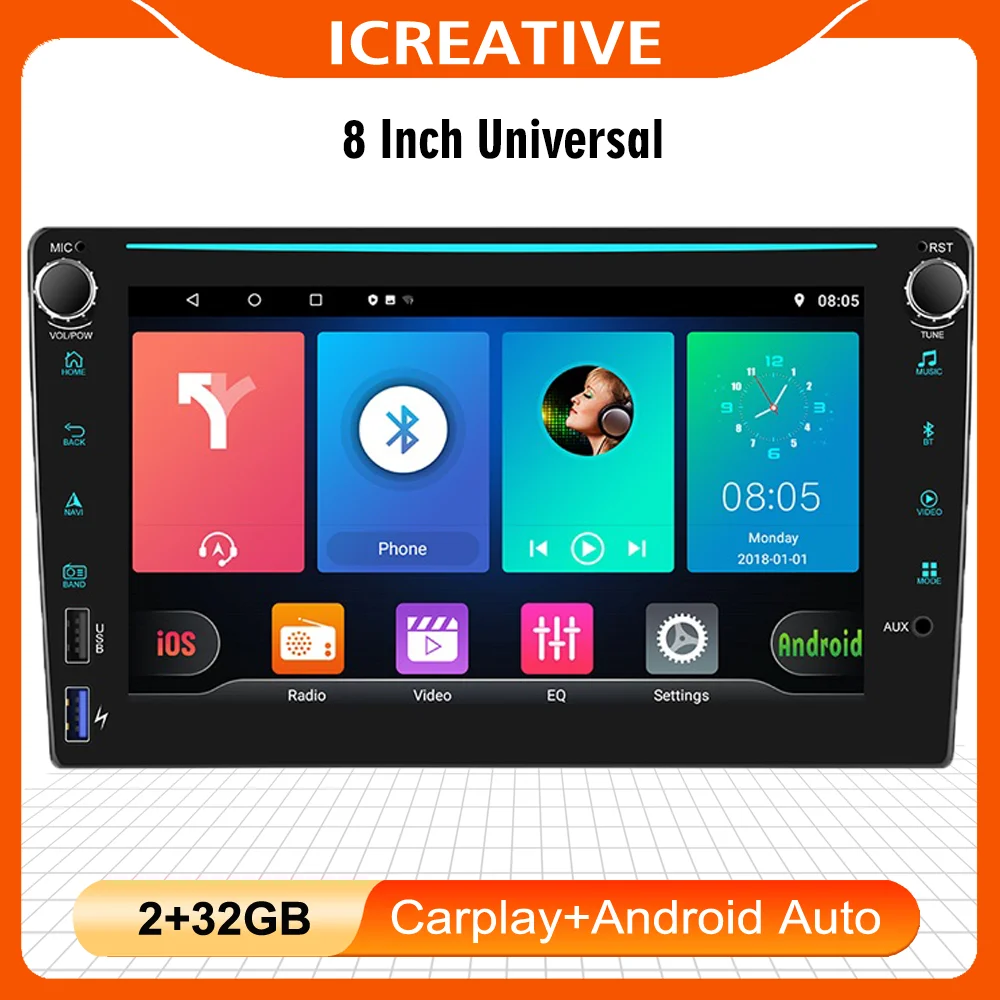 

Icreative 8 Inch Touch Screen 2 Din Android Universal GPS Navigation Car Radio FM Wifi BT 4USB Multimedia Video Player Carplay