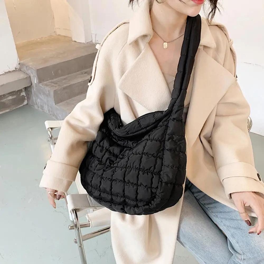 2022 Lattice Pattern Shoulder Bag Space Cotton Handbag Women Large Capacity Tote  Bags Feather Padded Ladies Quilted Shopper Bag - AliExpress