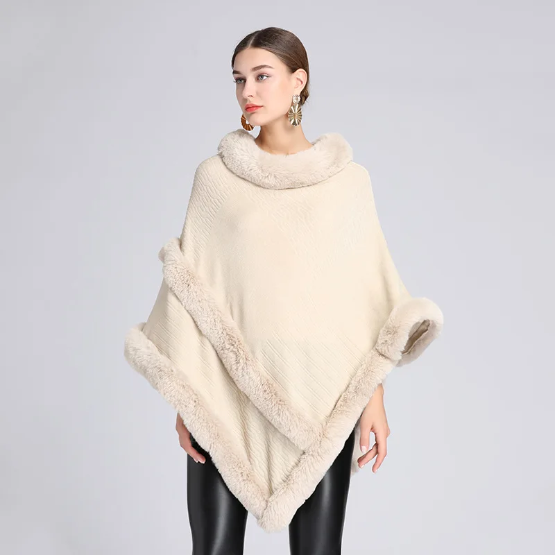 

Autumn winter new imitation otter rabbit fur collar Capes Pullover Women Knit Poncho Lady Capes Beige Cloak