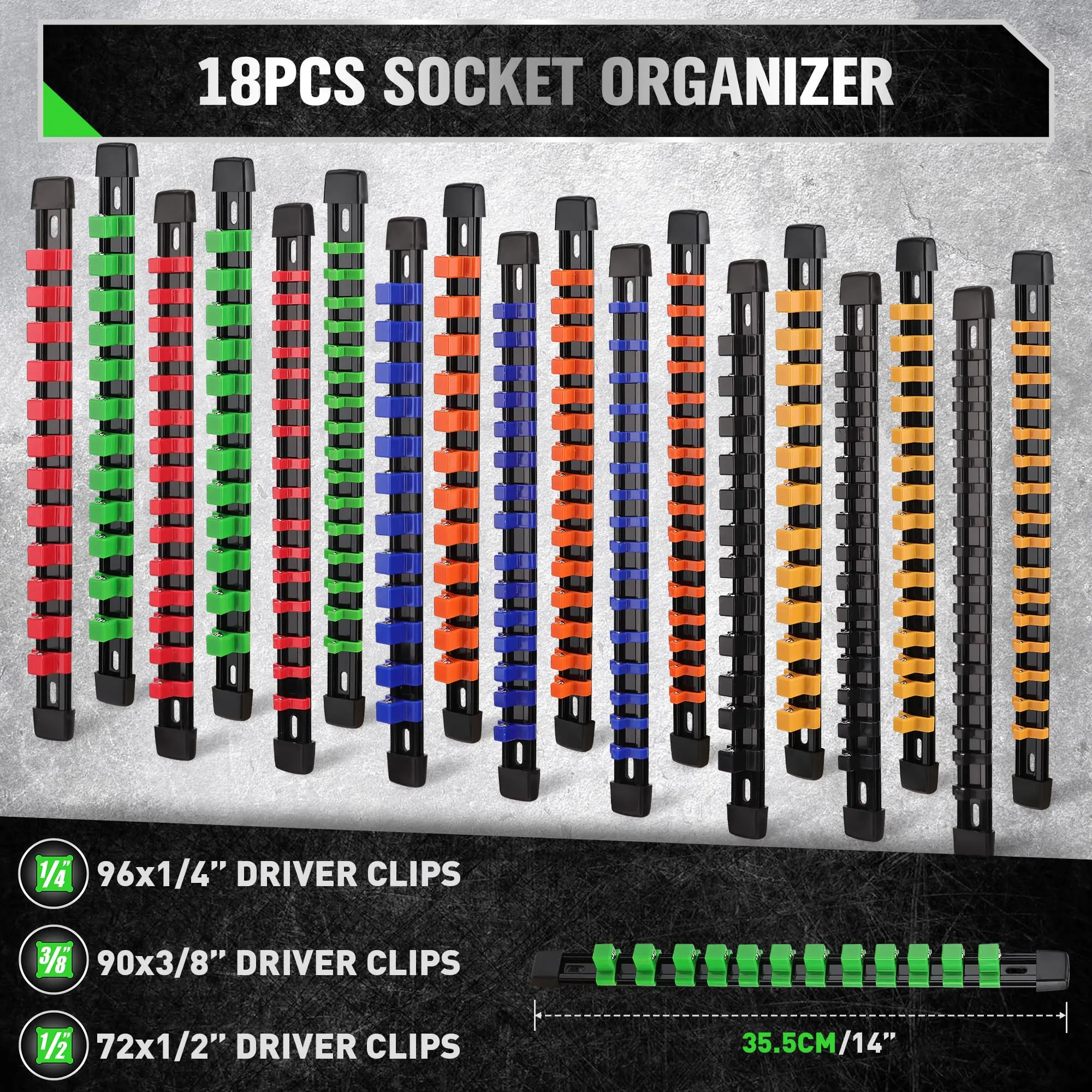 Socket Organizer Set 1/4-Inch 3/8-Inch 1/2-Inch for Tool Box Drawer Drive Trays Holder Clip Rail