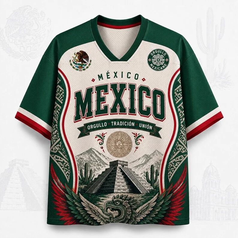 Mexikanisches Nationalfußballtrikot Herren Azteken-Pyramiden-Muster V-Ausschnitt Mesh Fußballshirt Kurzarm Sport T-Shirt