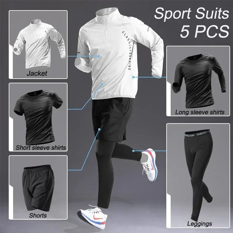 Sport 1-5 PCS Sets Workout Men's Quick Dry Jacket Suit Fitness Running Sets Sports Jogging Pants Workout Sportswear Track Suit 3