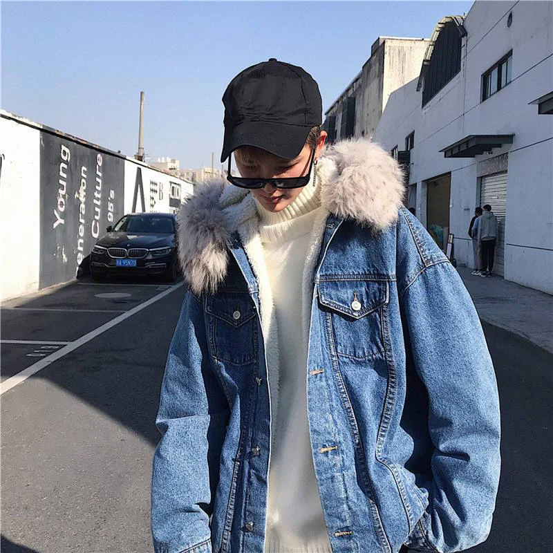 

Зимняя теплая Толстая Мужская джинсовая куртка, свободная облегающая теплая джинсовая куртка с меховой подкладкой и флисовой подкладкой, мужские куртки с меховым воротником