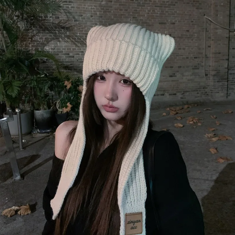 Koreanische personalisierte Riemen Katze Ohr Mützen Y2K Herbst Winter Straße Trend vielseitige thermische Gehörschutz Pullover Hüte Unisex