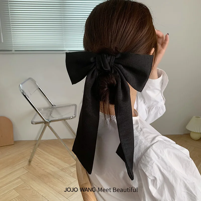 Korean Women Black Satin Ribbon Bow Hair Clips Barrette Ponytail Holder New 1pc 