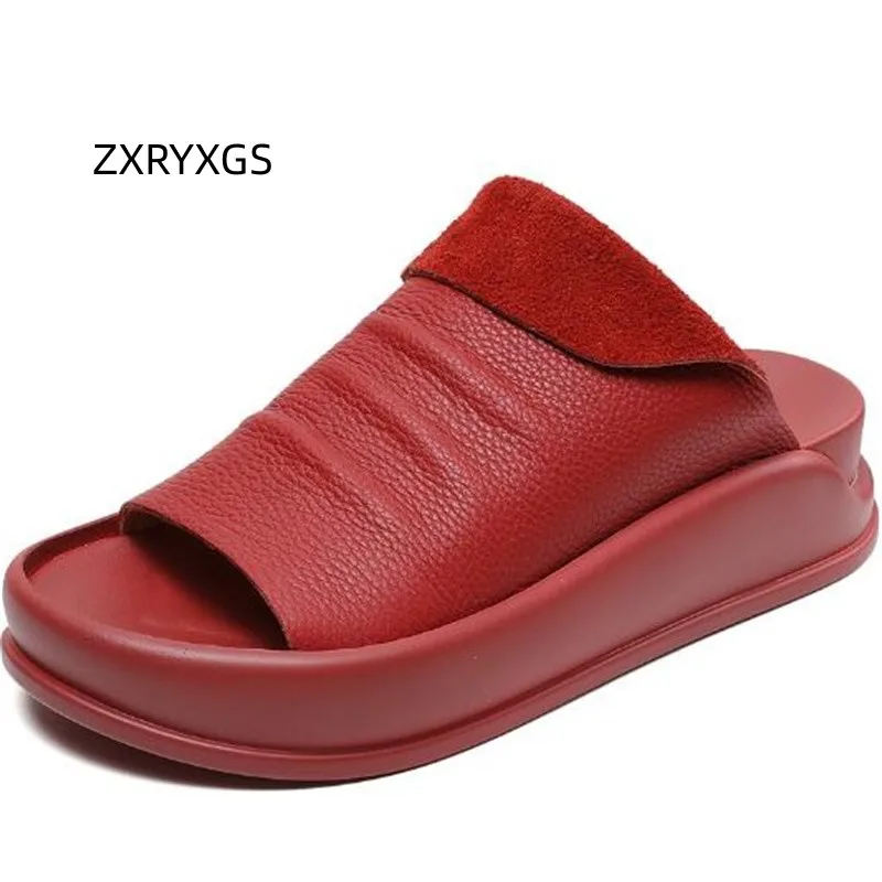 

ZXRYXGS 2023 High Quality Cowhide Fish Mouth Slippers Outdoor Wear Women Sandals Flat Platform Slipper Increase Summer Sandals