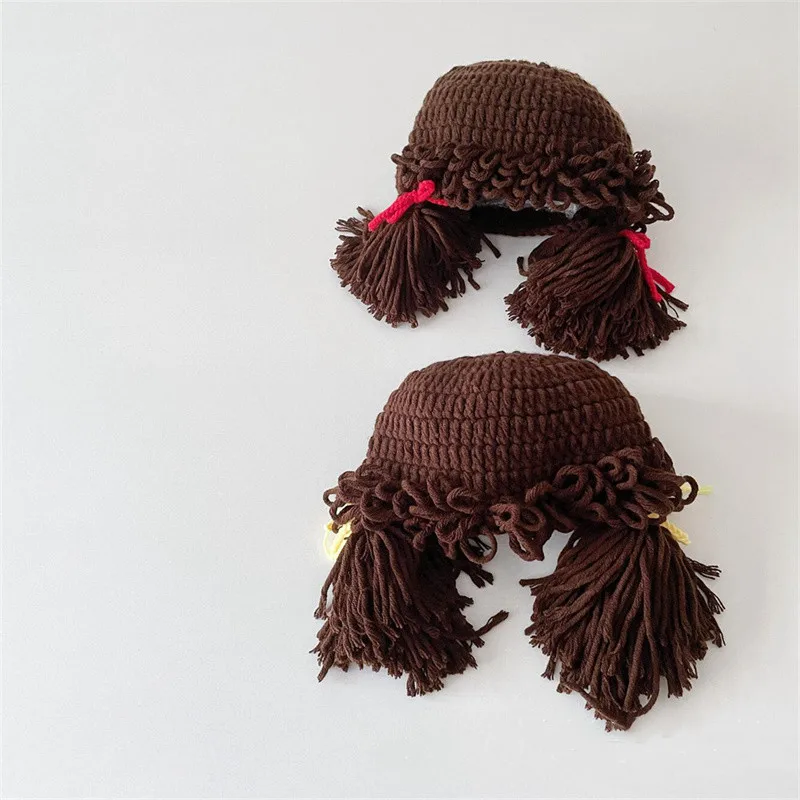 كوريا نمط 0-3Y الأطفال طفلة الصوف قبعة الشعر ضفيرة شعر مستعار قبعة شتاء دافئ اليدوية الكروشيه محبوك الاطفال الفتيات القبعات والقبعات