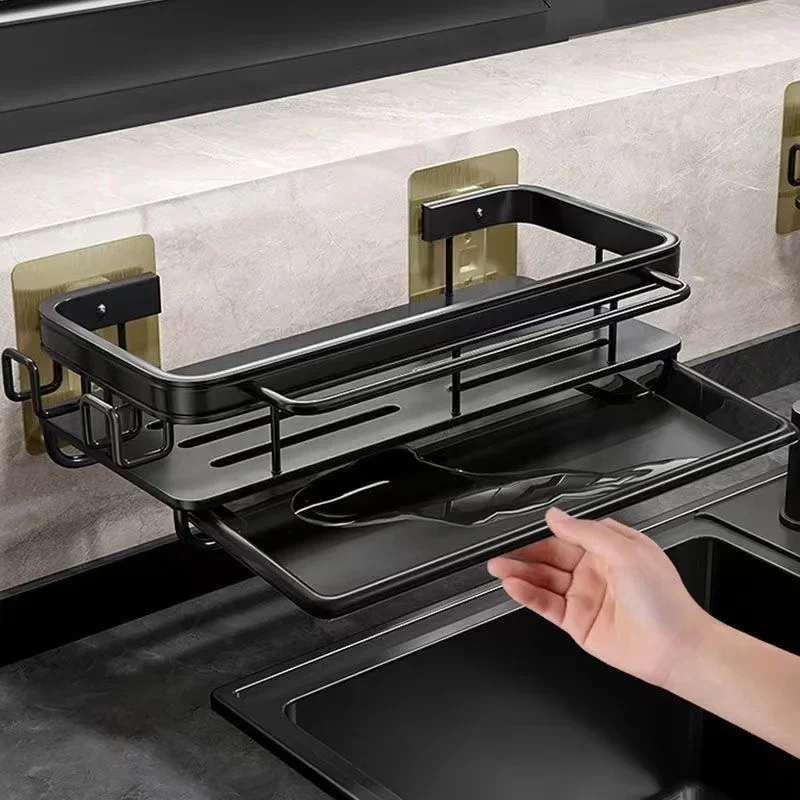 Aluminum Kitchen Storage Rack No-drill Sink Drain Rack Self-draining Sink Shelf Sponge Holder Dishcloth Towel Rack Filter Basket 5