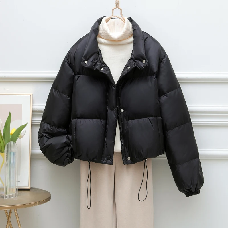 

New Winter Draw String Korean Version White Duck Down Jacket Women Short Fashion Half High Collar Loose Down Coat Tide Winter