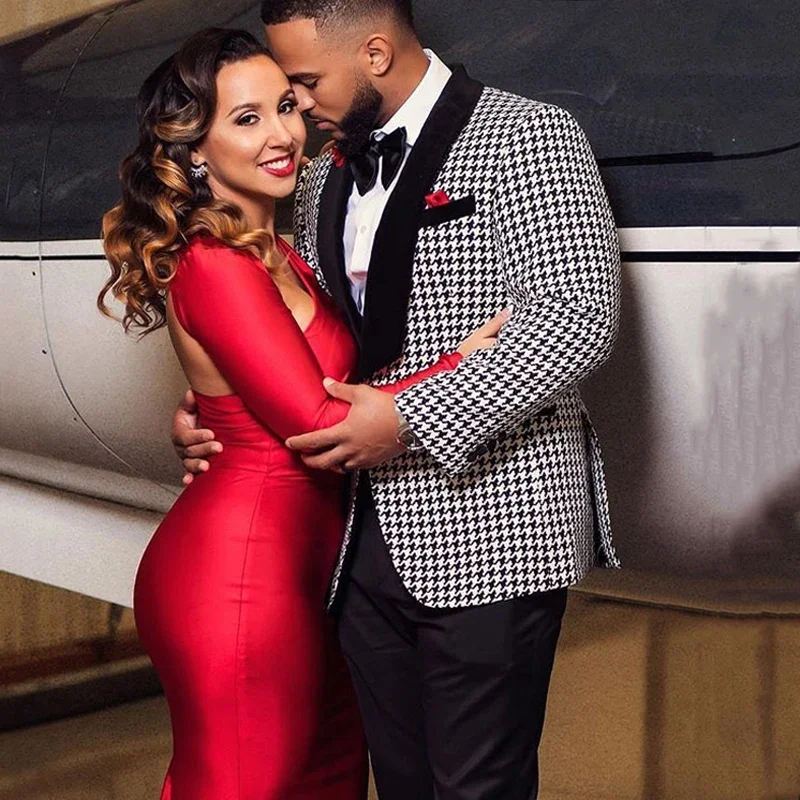 Houndstooth Prom Suits for Men Wedding 2 Pieces Groom Tuxedo Slim Fit African Male Blazer with Black Pants Fashion Costume