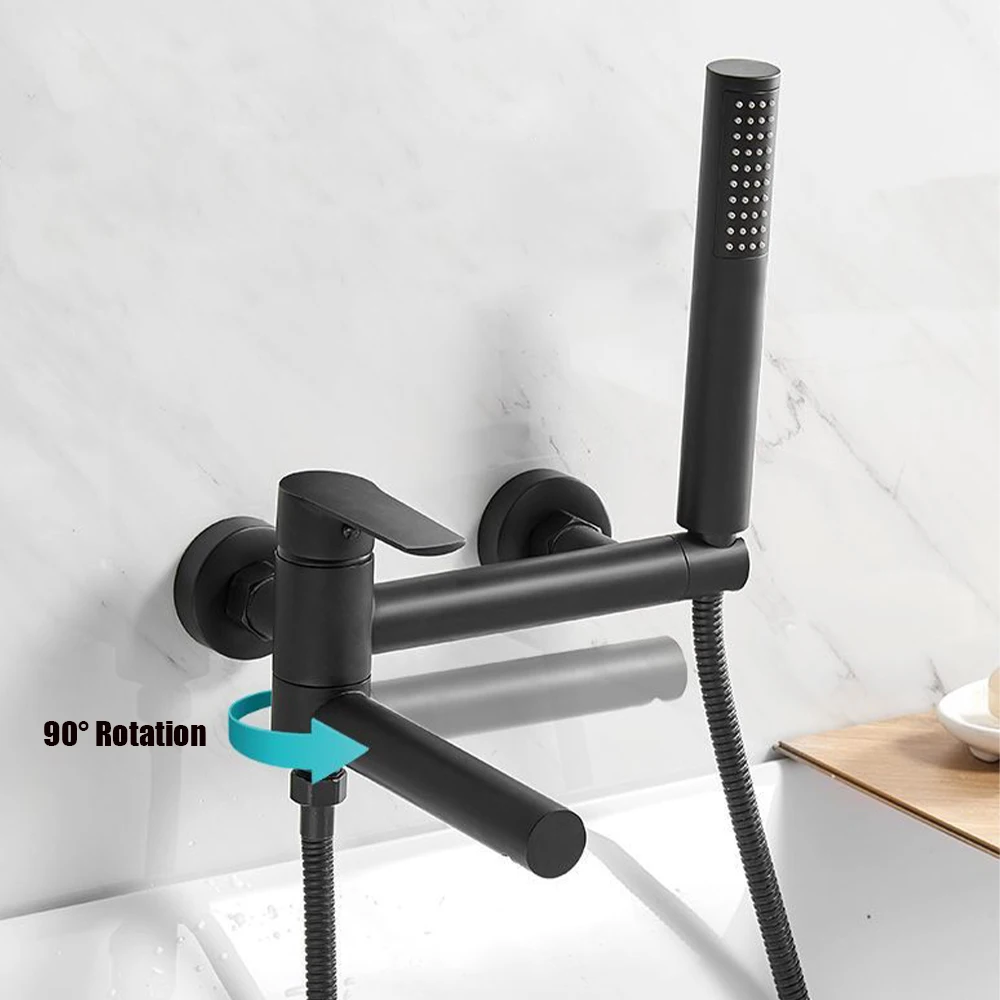 Matte Black Bathtub Shower Faucet Swivel Tub Spout Wall Mounted Bath Mixer Waterfall Bathtub Tap with Handheld Shower Head Crane 3