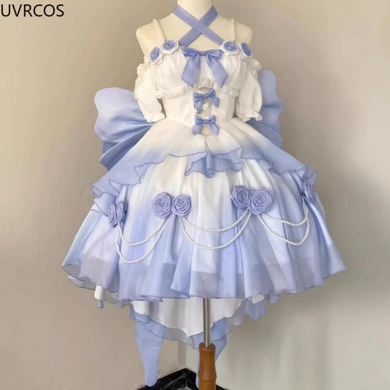 Retro Victorian Lolita Dress Elegant Women Sweet Bow Pearl Chain Ruffles Rose Flower Kawaii Gradient Pink Princess Dress