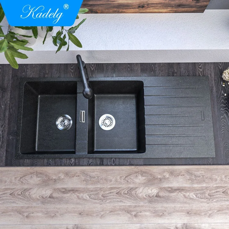 CE Certificated Double Bowl Black Quartz Sink Composite Granite Kitchen Sink With Drainboard