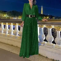 2024 Autumn Evening Party Jumpsuit Women Long Sleeve Solid Sequin V-Neck High Waist Fashion Leg Pants Elegant Chic Spring Shirt - Image 3