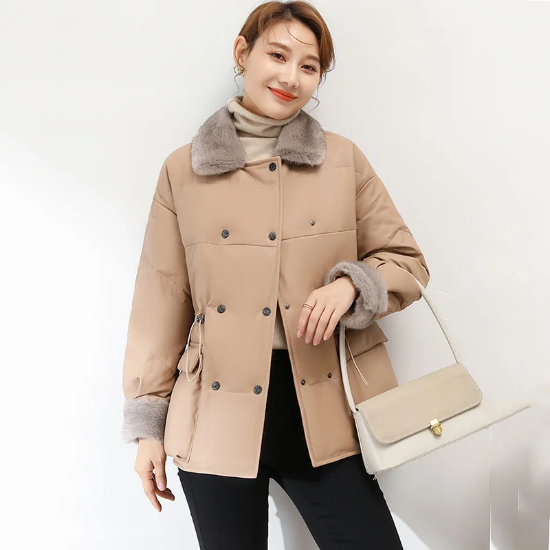 

Coat Sheepskin Women's Winter Mink Hair Collar Casual Medium Long White Duck Lining Genuine Leather Down Jacket