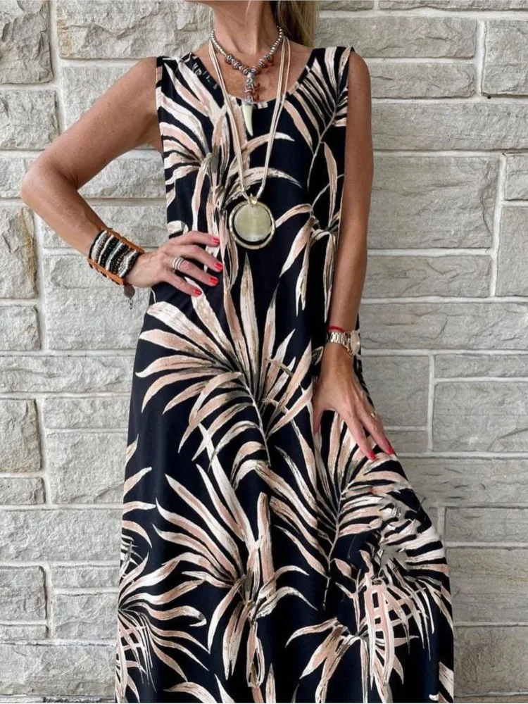 

Dresses for Women 2024 Summer O Neck Sleeveless Print Loose Vintage Casual Long Dress Sexy Elegant Fashion Female Cool Clothing