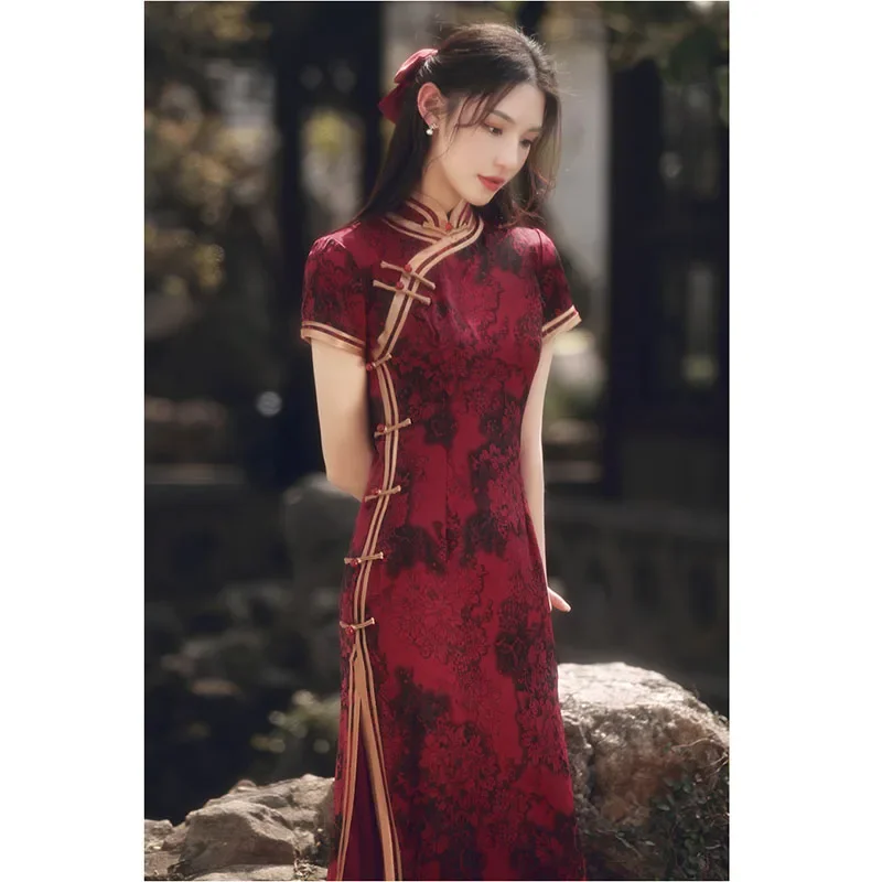 

Wine Red Long Short Sleeves Cheongsam 2023 New Improved Young women Summer Silk and Satins Fashion One Piece Chinese Qipao Dress