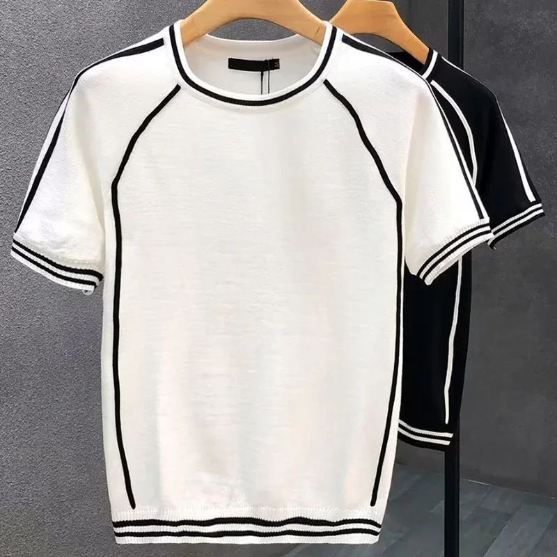 Irregular Lines Herren-Strick-T-Shirt, Sommer, Schwarz, Weiß, Kontrastfarbe, Rundhalsausschnitt, kurze Ärmel, atmungsaktives Strick-T-Shirt