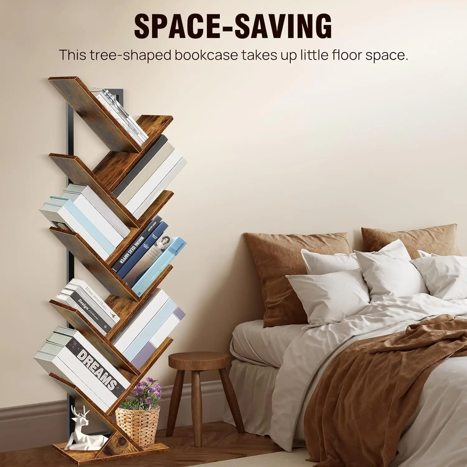 Brown 9 Tier Tree Bookcase Wooden Bookcase Floor Standing Corner Bookcase Personalised Display Storage Shelf