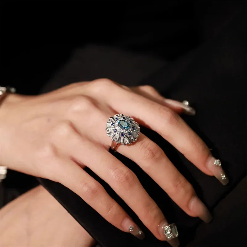 

925 Sterling Silver Exquisite Flower Blue Zircon Rings for Women Girls Shiny Opening Jewelry Dropshippipng Wedding Birthday Gift