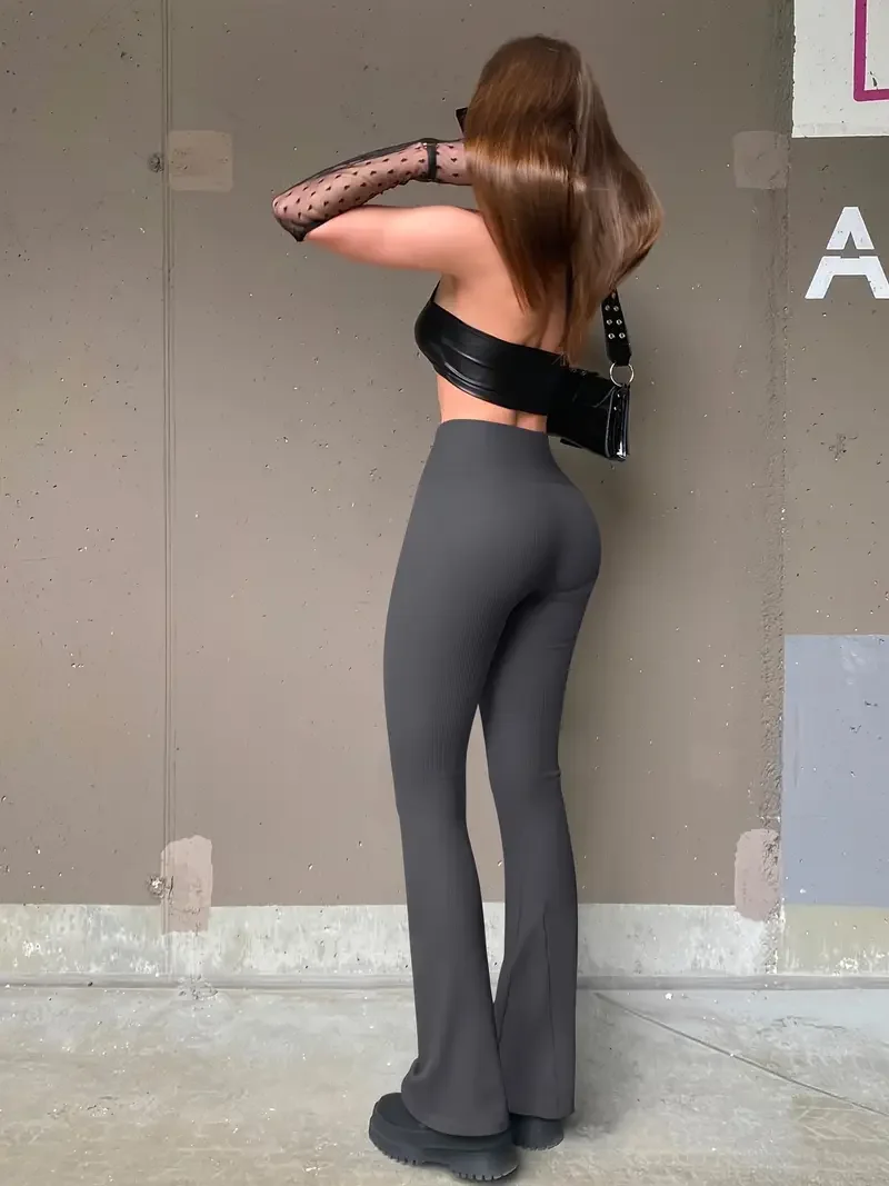 Spring and summer solid color bell bottom pants, women's casual high waisted taboo pants, elastic waistband 6