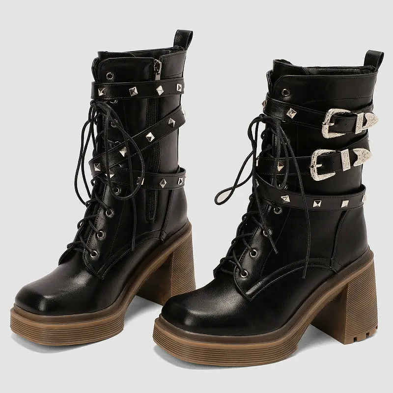 

Square Toe Rubber Sole Mid-calf Women Shoes Chunky High Heels Lace-up Metal Buckle Strap Western Cowboy Platform Woman Boots