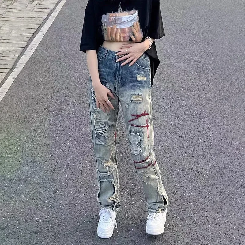 Vibe Streetwear American Style Vintage Ripped Straight Leg Denim Pants Men's Washing Destructed Slims Smooths Your Silhouette