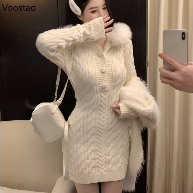 Autumn Winter Elegant Women Sweater Christmas Red Slim Fur Patchwork Hooded Knitted Dress Female Korean Knitwear Hoodie Tops