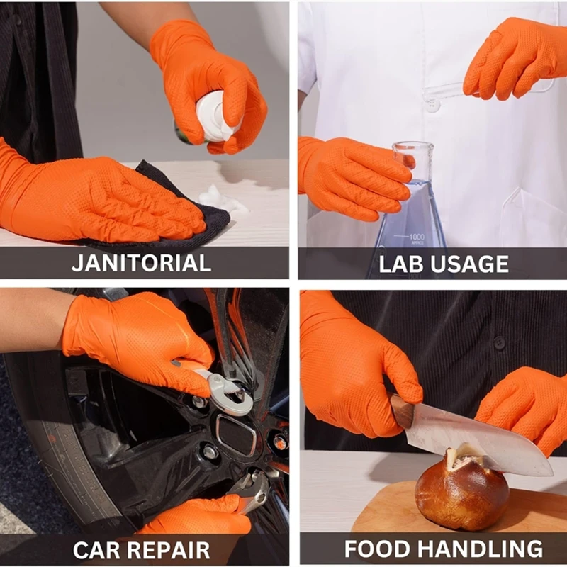 nitrile disposable gloves 8Mil Heavy Duty Orange Nitrile Gloves Disposable Gloves Thick Raised Diamond Texture Tear-Resistant Industrial Mechanic